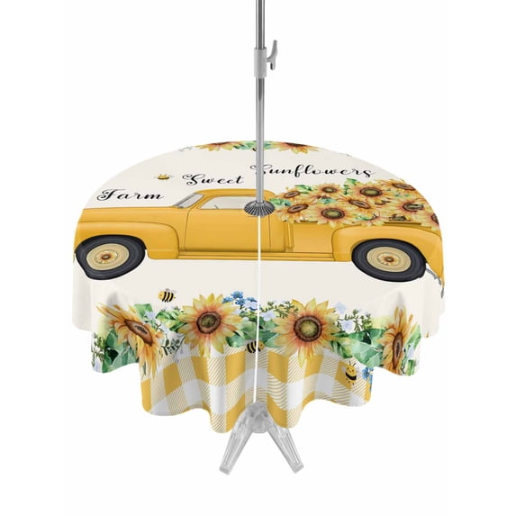 Outdoor Tablecloth with Umbrella Hole for Patio/Picnic/Party/Camping, Yellow Sunflowers Waterproof Table Cloth Round Cover Washable, Summer Spring Botanical Truck Bees Check (Dia 60")