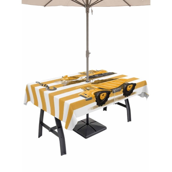 Outdoor Tablecloth with Umbrella Hole for Patio/Picnic/Party/Camping, Yellow Truck Waterproof Table Cloth Rectangle Table Cover Washable, Cartoon Striped Farmhouse Modern Art (54"x 80")