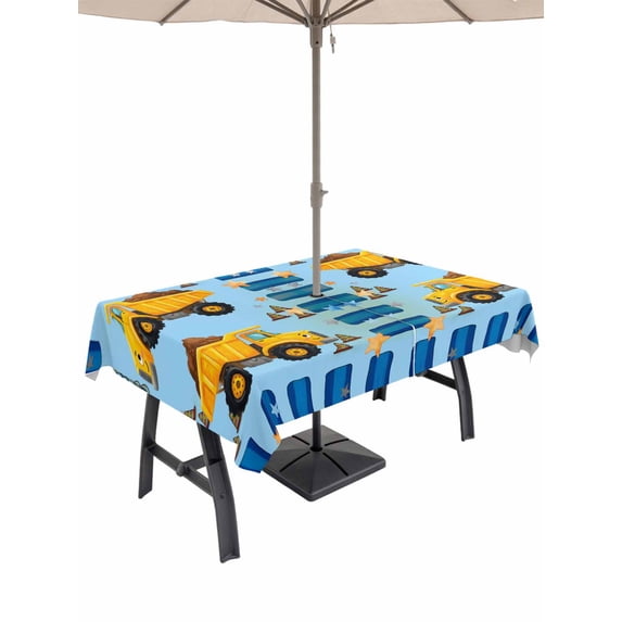 Outdoor Tablecloth with Umbrella Hole for Patio/Picnic/Party/Camping, Yellow Truck Waterproof Table Cloth Rectangle Table Cover Washable, Stars Navy Blue Checkered Modern Farmhouse Art (60"x 102")