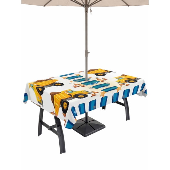 Outdoor Tablecloth with Umbrella Hole for Patio/Picnic/Party/Camping, Yellow Truck Waterproof Table Cloth Rectangle Table Cover Washable, Stars Navy Blue Checkered Modern Art (52"x 70")