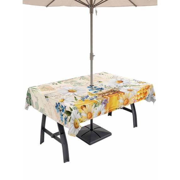 Outdoor Tablecloth with Umbrella Hole for Patio/Picnic/Party, Daisy Spring Floral Waterproof Table Cloth Rectangle Table Cover Washable, Farmhouse Botanical Green Leaves Vintage Art (52"x 70")