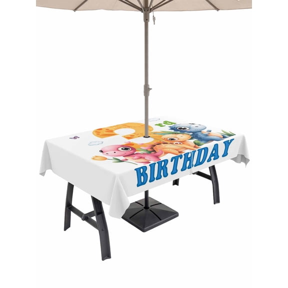 Outdoor Tablecloth with Umbrella Hole for Patio/Picnic/Party, Happy 3rd Birthday Waterproof Table Cloth Rectangle Table Cover Washable, Cartoon Cute Pink Yellow Blue Dinosaurs Floral (52"x 70")