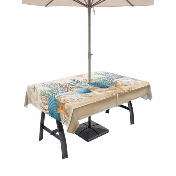 Outdoor Tablecloth with Umbrella Hole for Patio/Picnic/Party, Starfish Coastal Waterproof Table Cloth Rectangle Table Cover Washable, Summer Ocean Coral Conch Seagrass Vintage Brown (54"x 80")