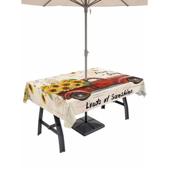 Outdoor Tablecloth with Umbrella Hole for Patio/Picnic/Party, Sunflower Truck Waterproof Table Cloth Rectangle Table Cover Washable, Yellow Floral Summer Botanical Elegant Pastoral (60"x 120")