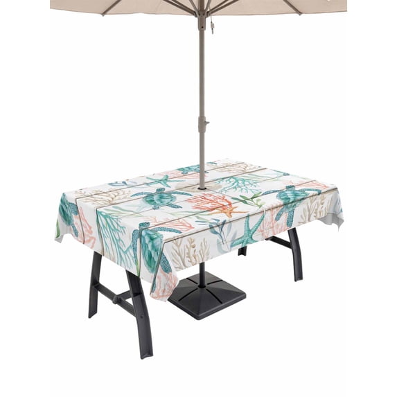 Outdoor Tablecloth with Umbrella Hole for Patio/Picnic/Party, Teal Red Coastal Waterproof Table Cloth Rectangle Table Cover Washable, Beach Nautical Sea Turtle Coral Starfish Vintage (60"x 84")