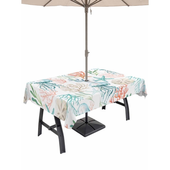 Outdoor Tablecloth with Umbrella Hole for Patio/Picnic/Party, Teal Red Jellyfish Coastal Waterproof Table Cloth Rectangle Table Cover Washable, Summer Beach Coral Starfish Nautical (60"x 102")