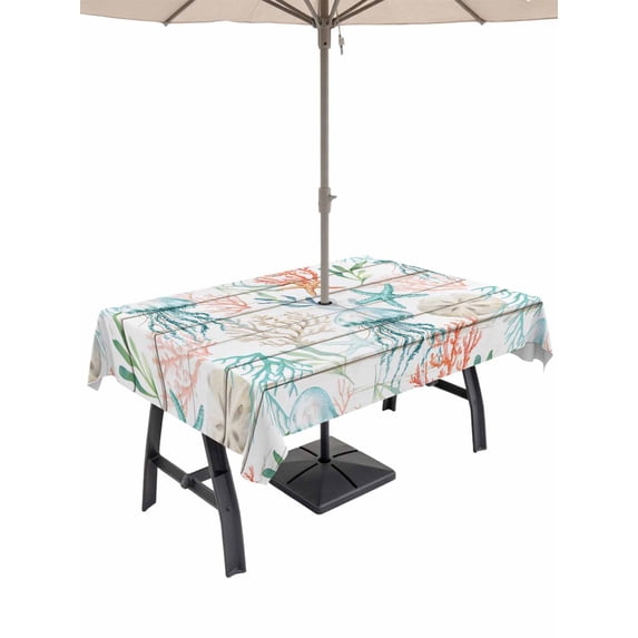 Outdoor Tablecloth with Umbrella Hole for Patio/Picnic/Party, Teal Red Jellyfish Coastal Waterproof Table Cloth Rectangle Table Cover Washable, Vintage Beach Coral Starfish Nautical (60"x 102")
