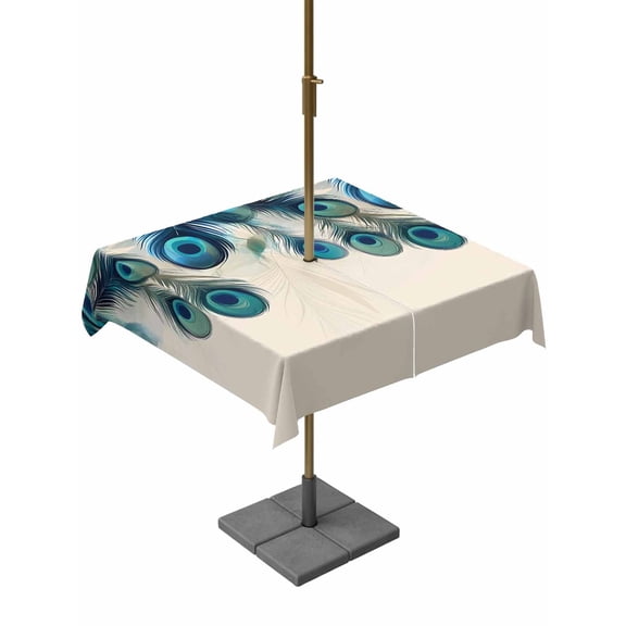 Outdoor Tablecloth with Umbrella Hole, Peacock Feathers on Beige Zippered Table Cloth for Rectangle Tables, Abstract Pattern Washable Waterproof Tablecloths for Picnic Patio Garden