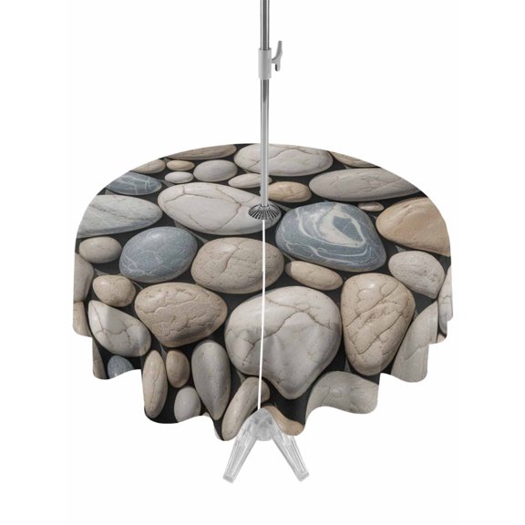 Outdoor Tablecloth with Umbrella Hole, Pebble Stone Spillproof Waterproof Outdoor Table Cover, Modern Minimalist Nature Art Aesthetics Patio Tablecloths for Party/Garden/Picnic, Round 60 inch