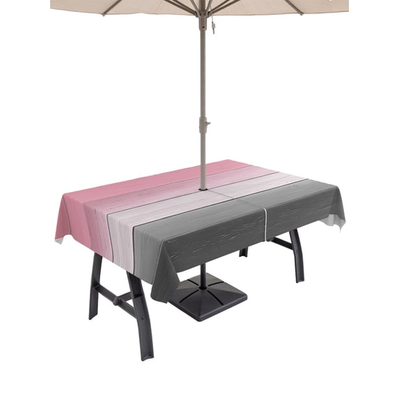Outdoor Tablecloth with Umbrella Hole, Pink Gray Spillproof Waterproof Outdoor Table Cover, Vintage Country Gradient Wooden Plank Line Patio Tablecloths for Party Picnic Camping, Rectangle 60"x120"
