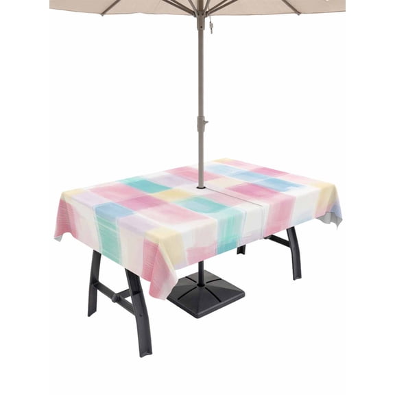 Outdoor Tablecloth with Umbrella Hole, Punk Blue Check Spillproof Waterproof Outdoor Table Cover, Boho Rainbow Minimalist Aesthetic Patio Tablecloths for Party Picnic Camping, Rectangle 60"x84"
