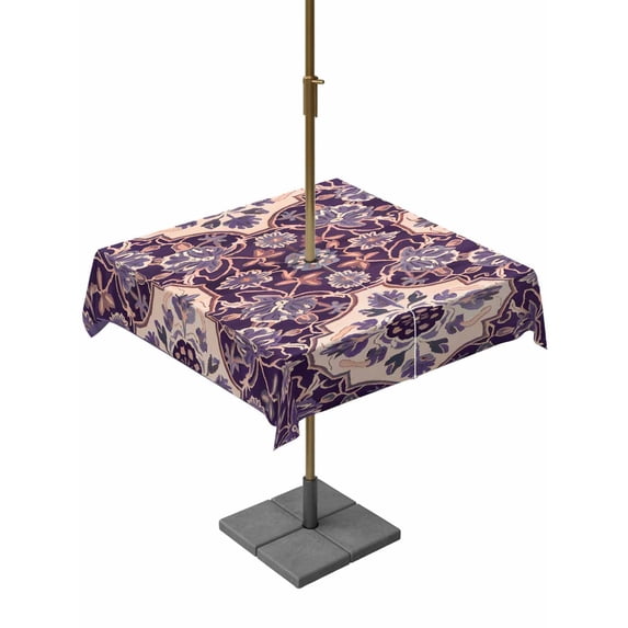 Outdoor Tablecloth with Umbrella Hole, Purple Boho Spillproof Waterproof Outdoor Table Cover, Farmhouse Ethnic Abstract Floral Pattern Patio Tablecloths for Party/Garden/Picnic, Square 60"x60"