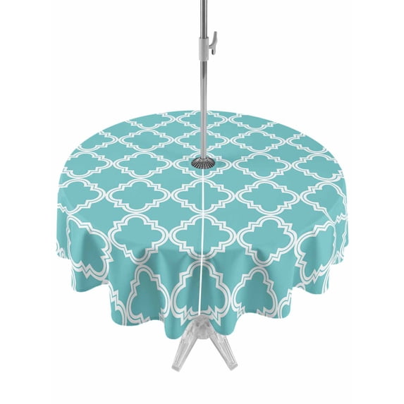 Outdoor Tablecloth with Umbrella Hole, Quatrefoil Moroccan Pattern Spillproof Waterproof Outdoor Table Cover, Geometric Aqua Morocco Patio Tablecloths for Party/Garden/Picnic, Round 54 inch