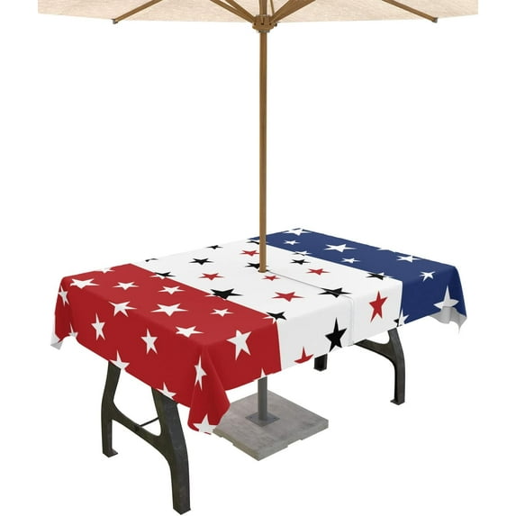 Outdoor Tablecloth with Umbrella Hole Rectangle 60x120inch, Red White Spillproof Fabric Outdoor Tablecloths, Blue 4th of July Picnic/Patio Zipper Table Covers