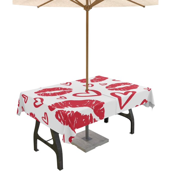 Outdoor Tablecloth with Umbrella Hole Rectangle 60x120inch, Valentine''s Day Love Hearts Spillproof Fabric Outdoor Tablecloths, Red Sex Lips Picnic/Patio Zipper Table Covers