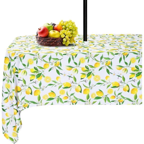 Outdoor Tablecloth with Umbrella Hole Rectangle - 60x84 Inch Patio Table Cloth Waterproof Zipper Table Cover for Spring Summer Garden Party Picnic, Summer Lemon