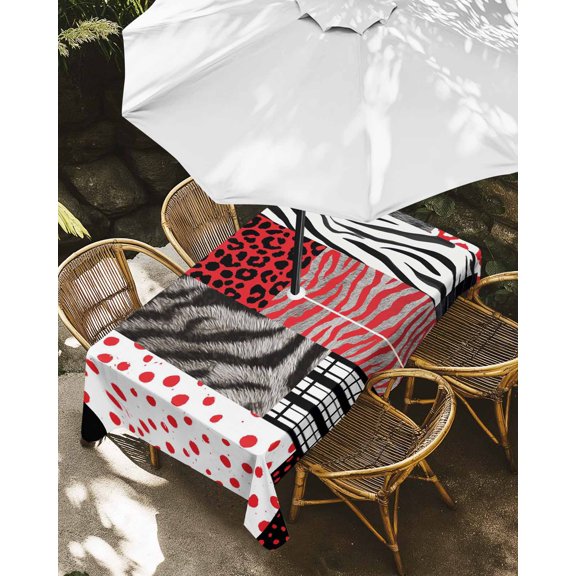 Outdoor Tablecloth with Umbrella Hole, Red Black Animal Print Patterns Zippered Table Cloth for Rectangle Tables, Zebra Leopard Plaid Fur Washable Waterproof Tablecloths for Picnic Patio Garden