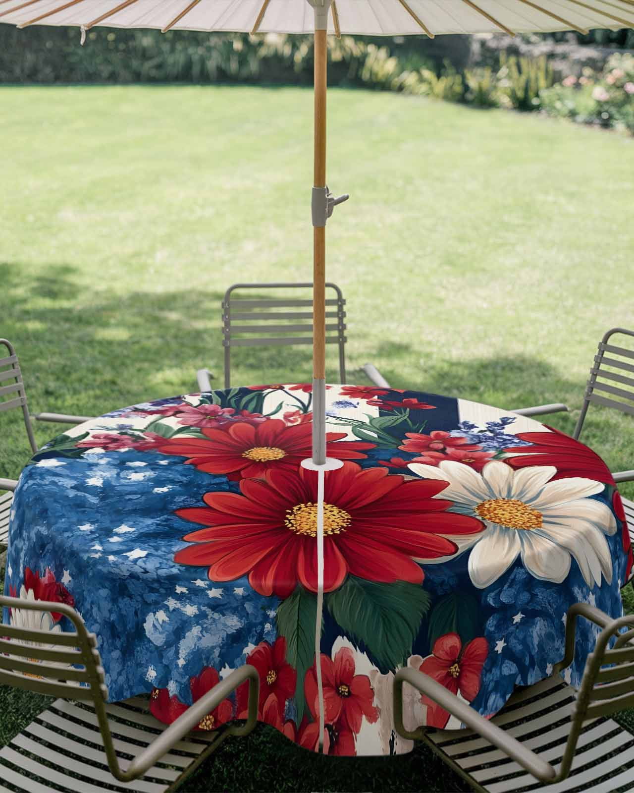 Zipper Table Outdoor Tablecloth with Umbrella Hole, Red Blue White Flowers Zippered ...