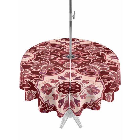Outdoor Tablecloth with Umbrella Hole, Red Boho Spillproof Waterproof Outdoor Table Cover, Ethnic Tribal Abstract Traditional Floral Patio Tablecloths for Party/Garden/Picnic, Round 54 inch