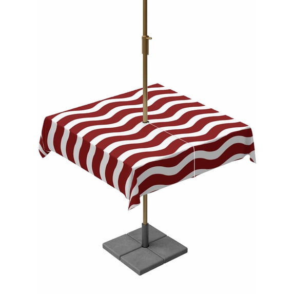 Outdoor Tablecloth with Umbrella Hole, Red White Spillproof Waterproof Outdoor Table Cover, Modern Abstract Waves Water Ripple Striped Patio Tablecloths for Party/Garden/Picnic, Square 54"x54"