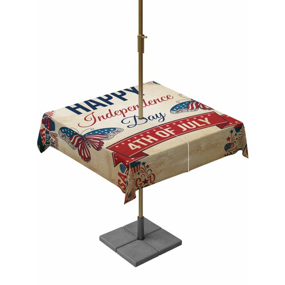 Outdoor Tablecloth with Umbrella Hole, Retro 4th of July Butterfly Zippered Table Cloth for Rectangle Tables, Vintage American Flag Theme Washable Waterproof Tablecloths for Picnic Patio Garden