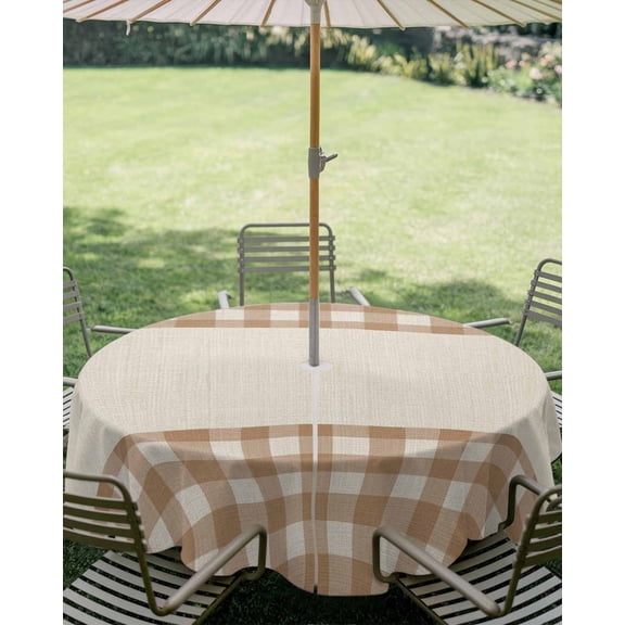 Outdoor Tablecloth with Umbrella Hole, Retro Brown Buffalo Check Zippered Table Cloth for Square Tables, Geometric Lattice Linen Texture Washable Waterproof Tablecloths for Picnic Patio Garden