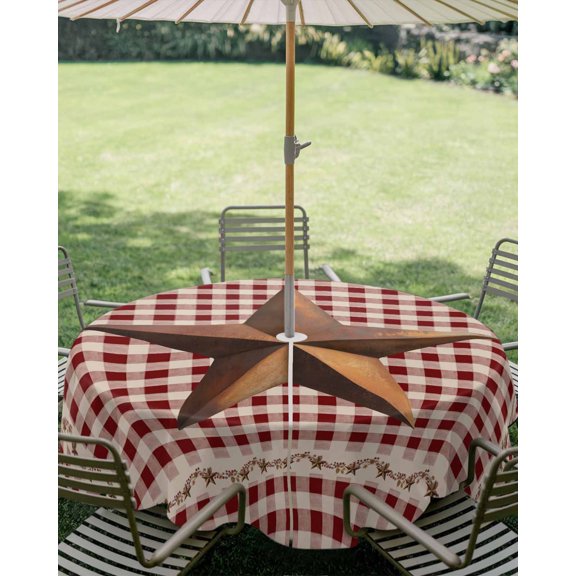 Outdoor Tablecloth with Umbrella Hole, Retro Country Stars Zippered Table Cloth for Square Tables, Vintage Dates Red Plaid Washable Waterproof Tablecloths for Picnic Patio Garden