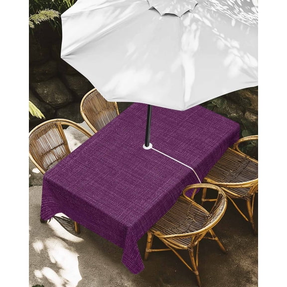 Outdoor Tablecloth with Umbrella Hole, Retro Dark Purple Linen Bottom Zippered Table Cloth for Rectangle Tables, Farmhouse Flax Texture Washable Waterproof Tablecloths for Picnic Patio Garden