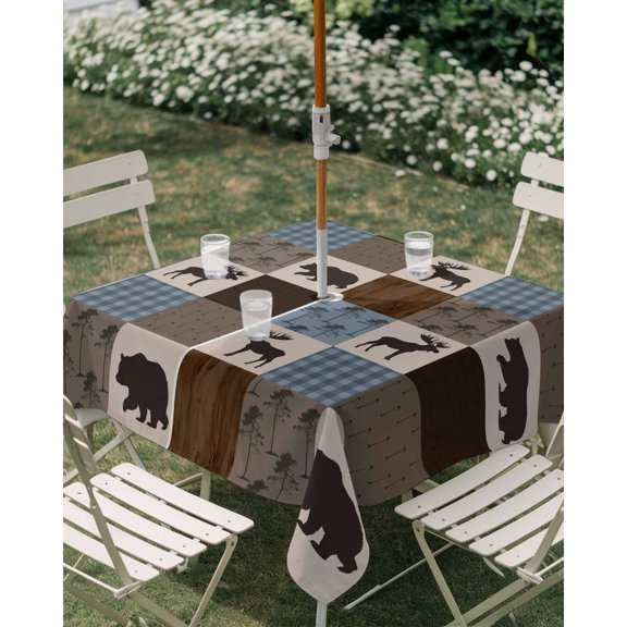 Outdoor Tablecloth with Umbrella Hole, Retro Deer Bear Plaid Check Zippered Table Cloth for Rectangle Tables, Abstract Patchwork Pattern Washable Waterproof Tablecloths for Picnic Patio Garden