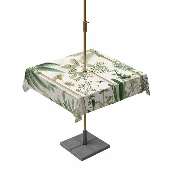 Outdoor Tablecloth with Umbrella Hole, Retro Tropical Forest Scene Zippered Table Cloth for Rectangle Tables, Green Coconut Tree Bird Washable Waterproof Tablecloths for Picnic Patio Garden