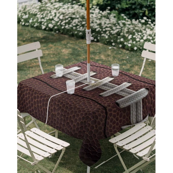 Outdoor Tablecloth with Umbrella Hole, Rugby Football Sport Zippered Table Cloth for Rectangle Tables, White Stripe Retro Texture Washable Waterproof Tablecloths for Picnic Patio Garden