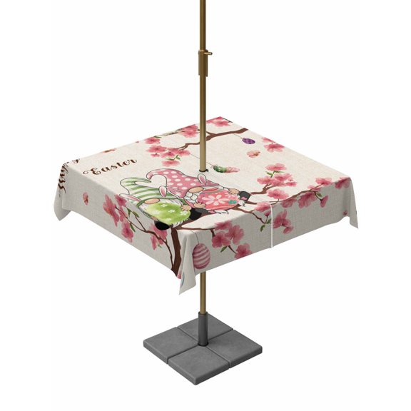 Outdoor Tablecloth with Umbrella Hole, Rustic Gnome with Eggs Zippered Table Cloth for Rectangle Tables, Cherry Flower Easter Pastoral Theme Washable Waterproof Tablecloths for Picnic Patio Garden