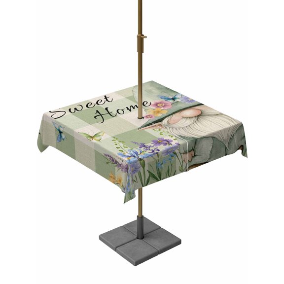 Outdoor Tablecloth with Umbrella Hole, Rustic Gnome Spillproof Waterproof Outdoor Table Cover, Spring Flowers Butterfly Green Check Patio Tablecloths for Party/Garden/Picnic, Square 54"x54"