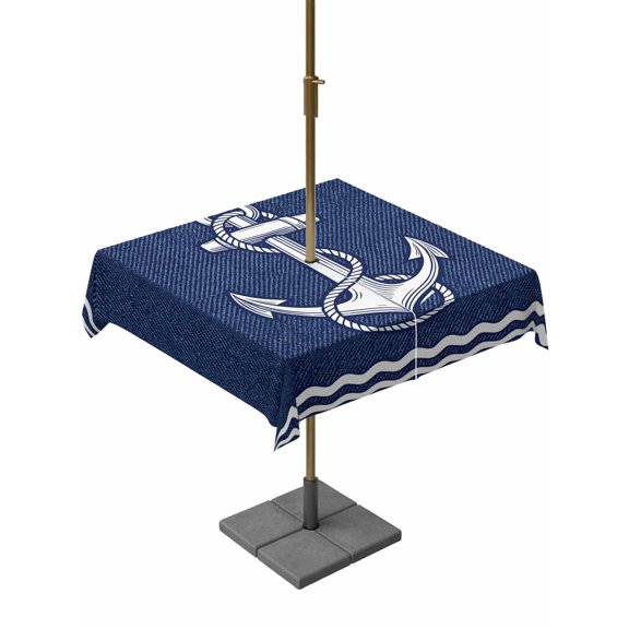 Outdoor Tablecloth with Umbrella Hole, Rustic Midnight Blue Ship Anchor Zippered Table Cloth for Rectangle Tables, Nautical Ocean Waves Washable Waterproof Tablecloths for Picnic Patio Garden