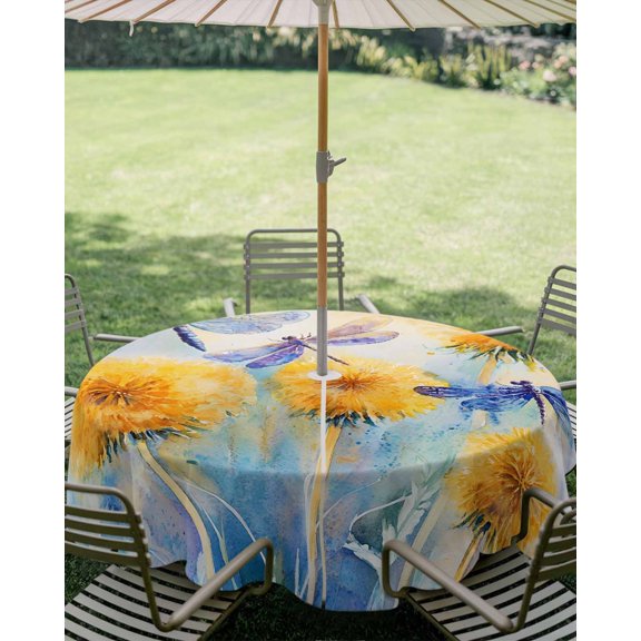 Outdoor Tablecloth with Umbrella Hole, Rustic Yellow Flower Purple Dragonfly Zippered Table Cloth for Square Tables, Pastoral Plant Theme Washable Waterproof Tablecloths for Picnic Patio Garden