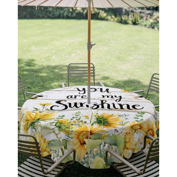 Outdoor Tablecloth with Umbrella Hole, Rustic Yellow Sunflower Green Leaf Zippered Table Cloth for Square Tables, Summer Bee Retro Wood Plank Washable Waterproof Tablecloths for Picnic Patio Garden