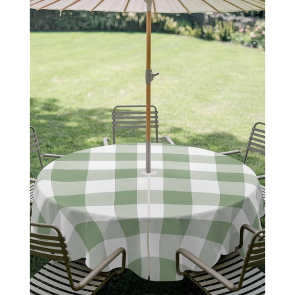 Outdoor Tablecloth with Umbrella Hole, Sage Green Buffalo Plaid Zippered Table Cloth for Square Tables, Country Gingham Check Washable Waterproof Tablecloths for Picnic Patio Garden