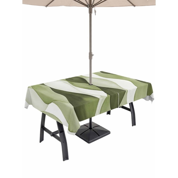 Outdoor Tablecloth with Umbrella Hole, Sage Green Stripes Spillproof Waterproof Outdoor Table Cover, Retro Farmhouse Abstract Ripple Patio Tablecloths for Party Picnic Camping, Rectangle 52"x70"