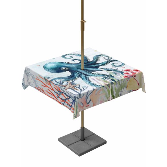 Outdoor Tablecloth with Umbrella Hole, Sea Octopus Coral Seaweed Zippered Table Cloth for Rectangle Tables, Monster Blue Ocean Washable Waterproof Tablecloths for Picnic Patio Garden