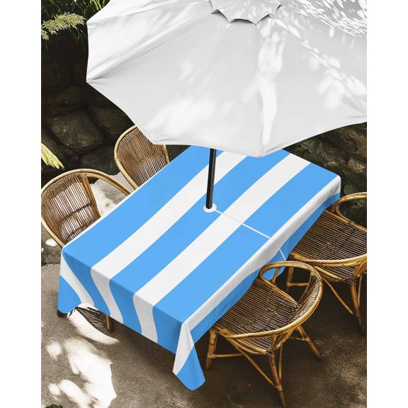 Outdoor Tablecloth with Umbrella Hole, Simple Blue Striped Zippered Table Cloth for Rectangle Tables, Modern Geometric Line Washable Waterproof Tablecloths for Picnic Patio Garden