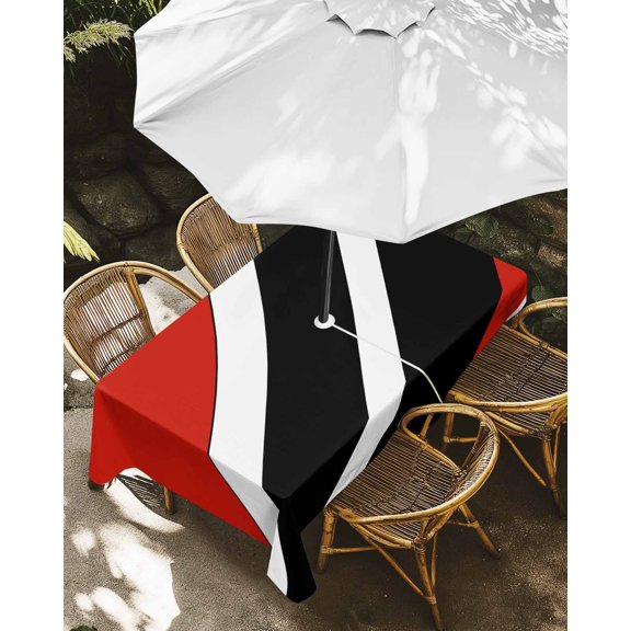 Outdoor Tablecloth with Umbrella Hole, Simple Red White Black Lines Zippered Table Cloth for Rectangle Tables, Abstract Geometric Art Washable Waterproof Tablecloths for Picnic Patio Garden