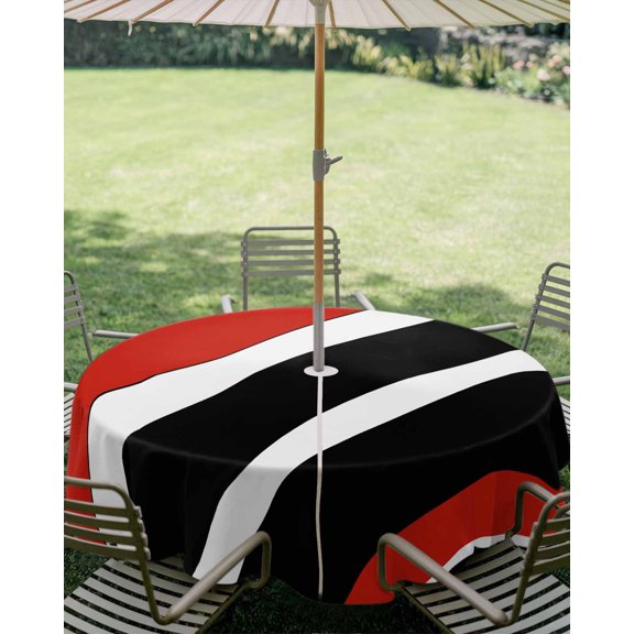 Outdoor Tablecloth with Umbrella Hole, Simple Red White Black Lines Zippered Table Cloth for Square Tables, Abstract Geometric Art Washable Waterproof Tablecloths for Picnic Patio Garden