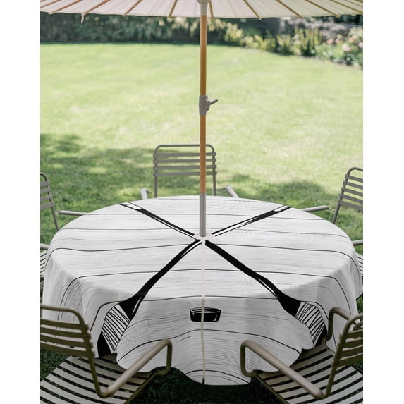 Outdoor Tablecloth with Umbrella Hole, Sports Hockey Art Zippered Table Cloth for Square Tables, Retro Wood Grain Black Grey Washable Waterproof Tablecloths for Picnic Patio Garden