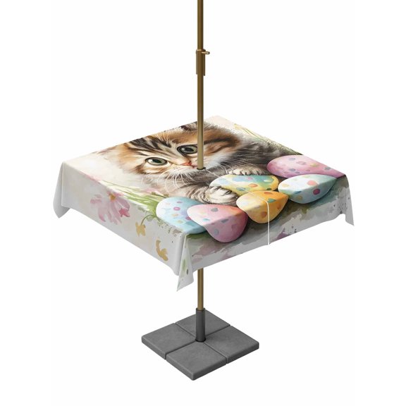 Outdoor Tablecloth with Umbrella Hole, Spring Easter Eggs Cute Cat Zippered Table Cloth for Rectangle Tables, Cartoon Style Kitty Washable Waterproof Tablecloths for Picnic Patio Garden
