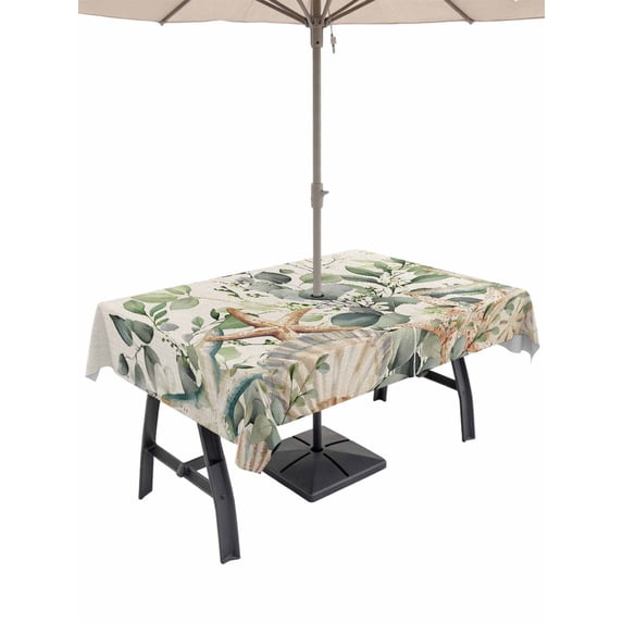 Outdoor Tablecloth with Umbrella Hole, Spring Eucalyptus Coastal Spillproof Waterproof Outdoor Table Cover, Starfish Summer Shell Patio Tablecloths for Party Picnic Camping, Rectangle 52"x70"
