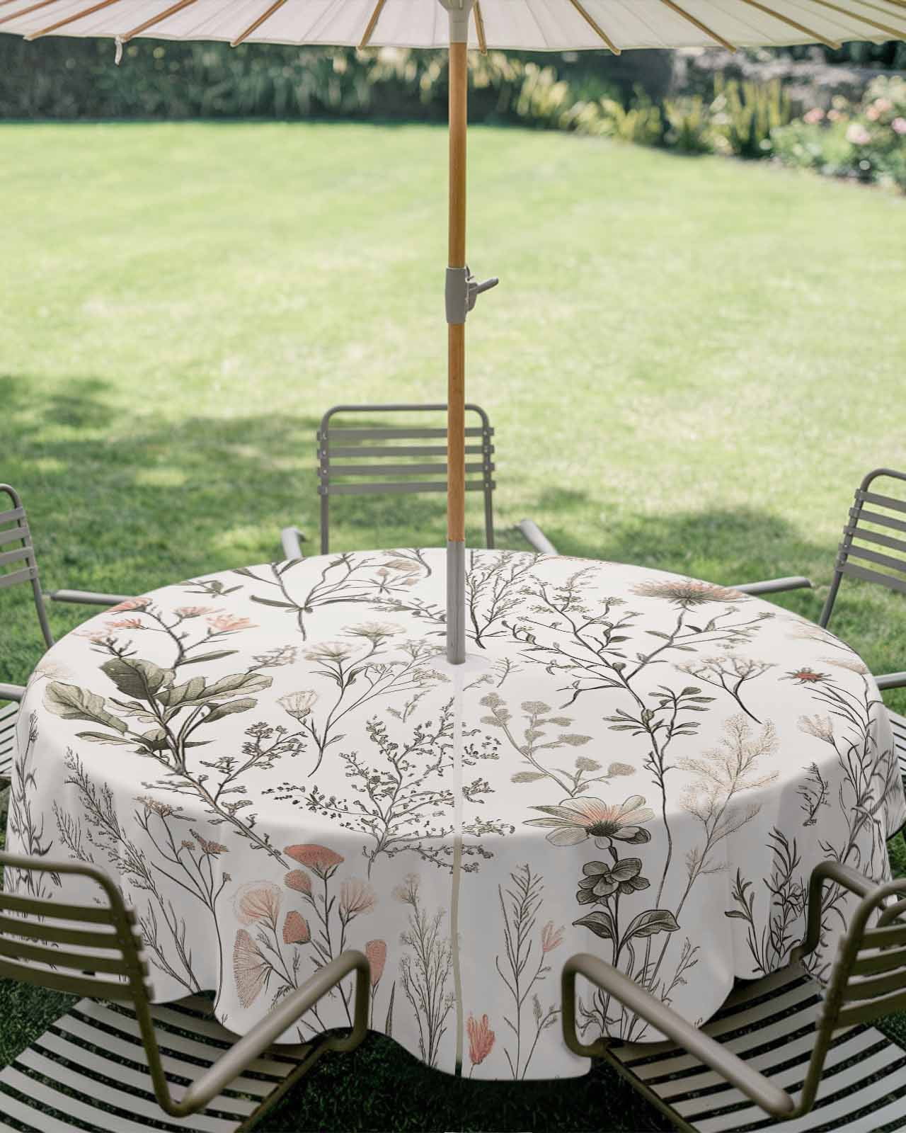 Zipper Table Outdoor Tablecloth with Umbrella Hole, Spring Flower Leaves Botanical ...