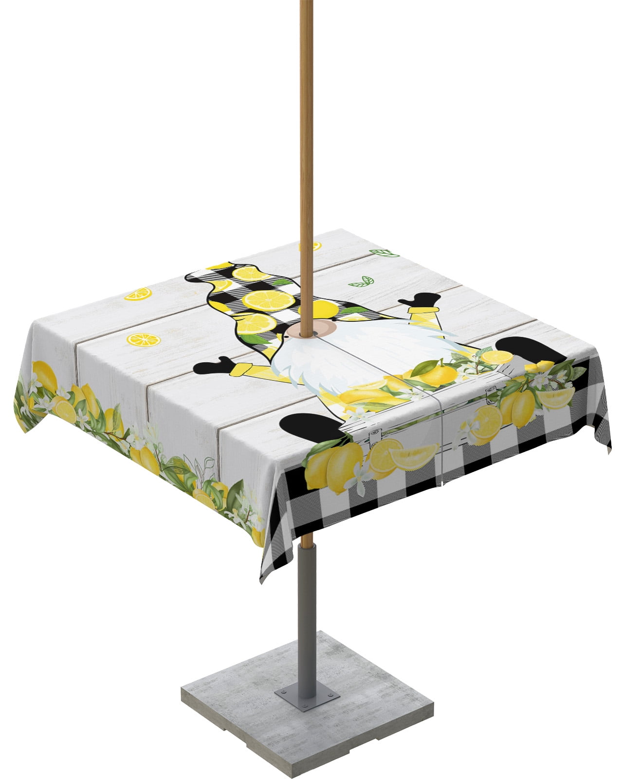Outdoor Tablecloth with Umbrella Hole,Spring Gnome Yellow Lemon Black