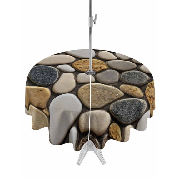 Outdoor Tablecloth with Umbrella Hole, Stones Spillproof Waterproof Outdoor Table Cover, Gravel Rock Cobblestone Natural Pattern Art Patio Tablecloths for Party/Garden/Picnic, Round 54 inch