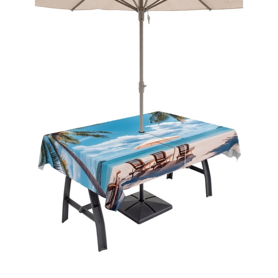 Outdoor Tablecloth with Umbrella Hole, Summer Beach Coastal Spillproof Waterproof Outdoor Table Cover, Blue Sea Ocean Landscape Hawaii Patio Tablecloths for Party Picnic Camping, Rectangle 60"x102"