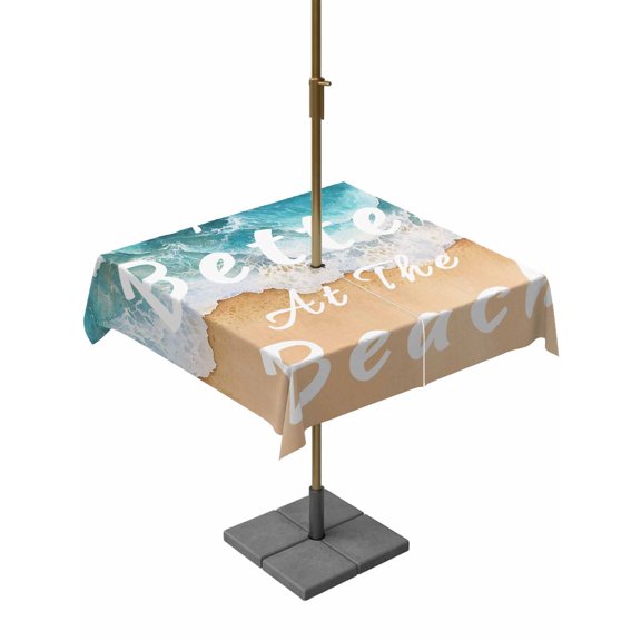 Outdoor Tablecloth with Umbrella Hole, Summer Beach Ocean Wave Zippered Table Cloth for Rectangle Tables, Watercolor Nautical Coastal Theme Washable Waterproof Tablecloths for Picnic Patio Garden